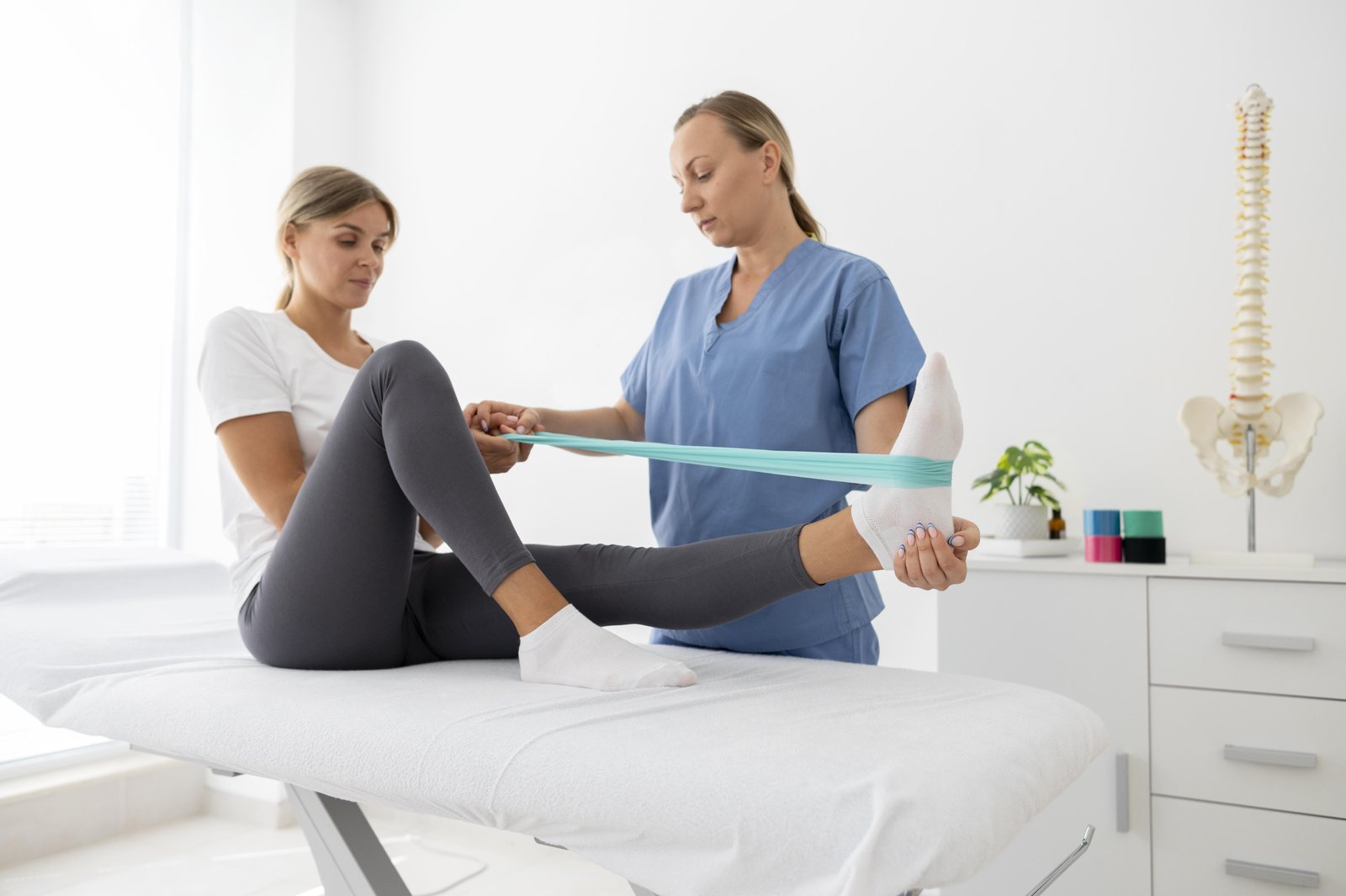 Fisioterapeuta guiando un ejercicio de rehabilitación con banda elástica